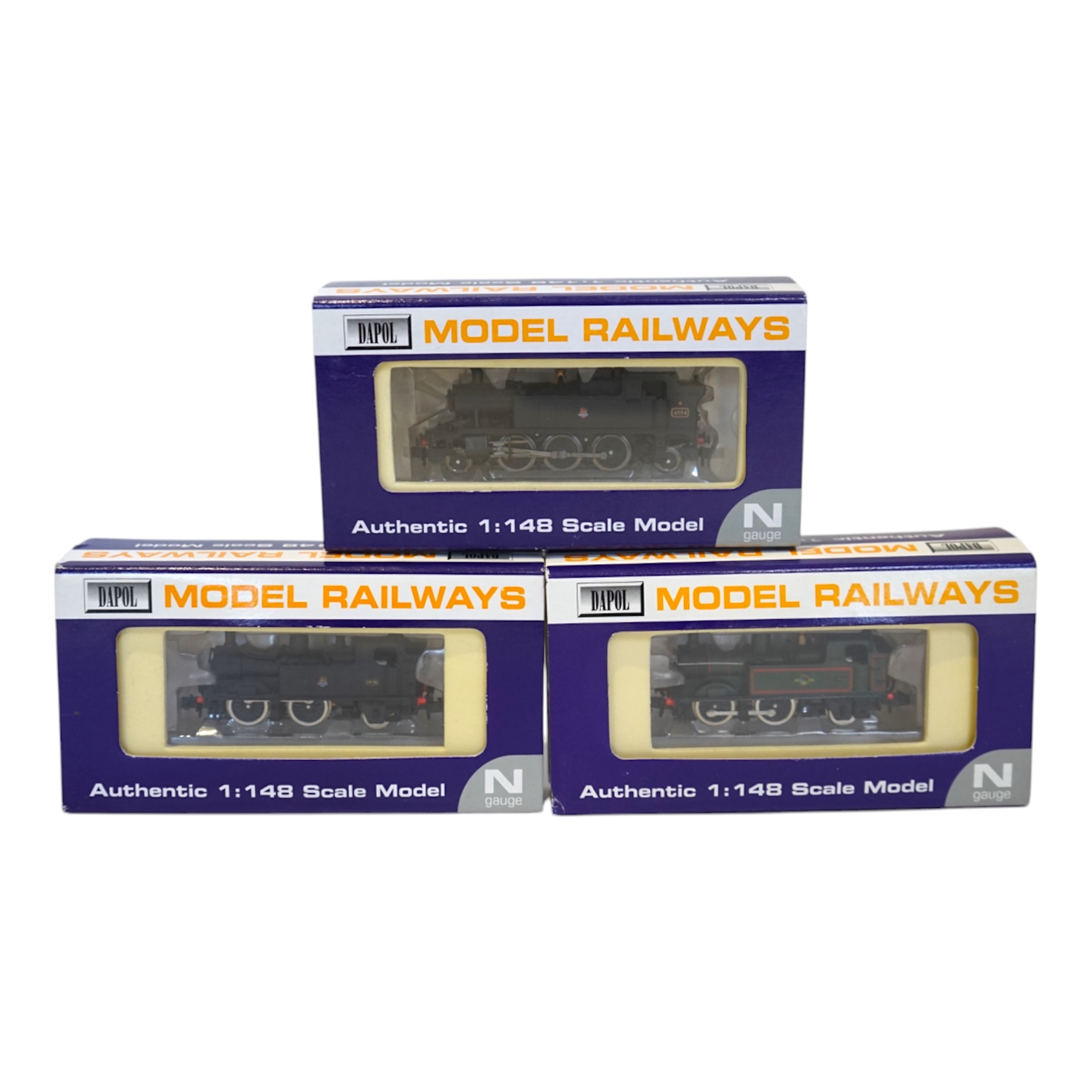 Three boxed Dapol N gauge railway BR tank locomotives; a Class 14xx, 1458 (ND002), a Class 14xx, 1466 (ND003), and a Class 45xx, 4554 (ND-019). Condition - good.